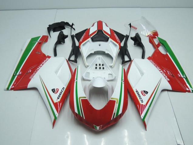 Ducati 848 1098 1198 2007-2014 Verkleidungen - Weiß Und Rot mit Grün Streifen Ducati 848 1098 1198 2007-2014 Verkleidungen - Weiß Und Rot mit Grün Streifen