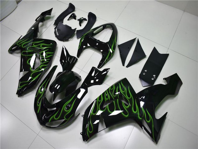 Rabatt Kawasaki ZX10R Motorrad Verkleidung 2006-2007 - Glanzendes Schwarz Grun Flamme