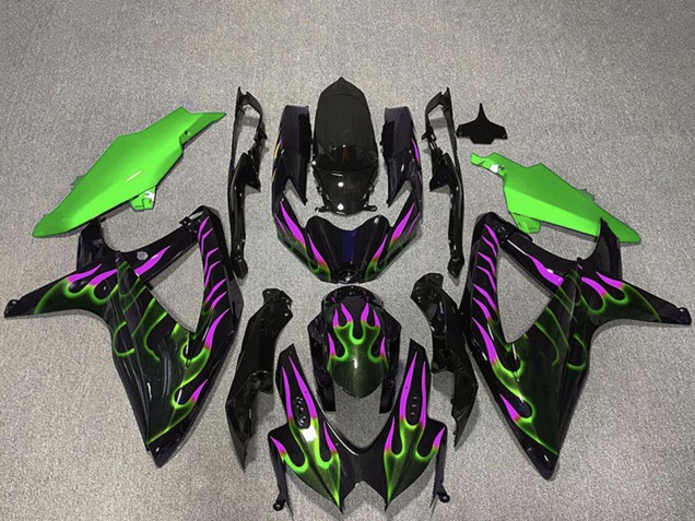 Rabatt Suzuki GSXR 600 / GSXR 750 Motorrad Verkleidung 2008-2010 - Glanzendes Schwarz Grun Lila Flamme