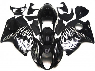 Rabatt Suzuki GSXR 1300 Motorrad Verkleidung 1996-2007 - Glanzendes Schwarz mit Silber Flamme