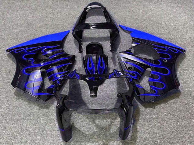 Rabatt Kawasaki ZX6R Motorrad Verkleidung 2000-2002 - Glanzendes Schwarz Blau Flamme