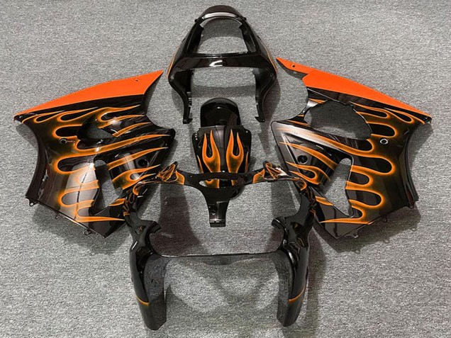 Rabatt Kawasaki ZX6R Motorrad Verkleidung 2000-2002 - Glanzendes Schwarz Orange Flamme