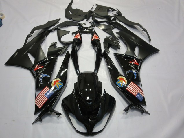 Rabatt Kawasaki ZX6R Motorrad Verkleidung 2009-2012 - Glanzendes Schwarz Matt Schwarz American Flag