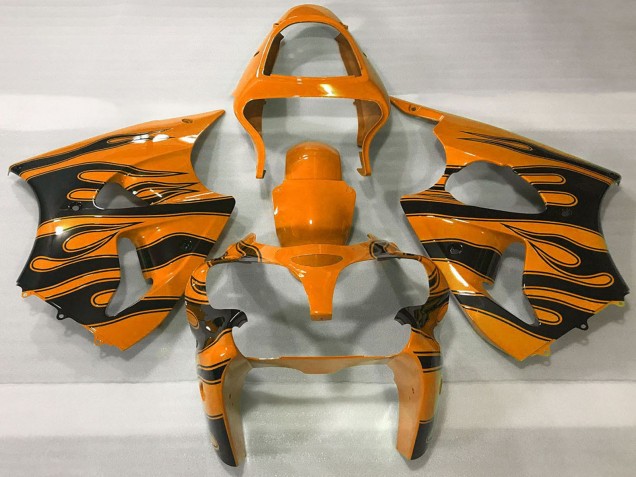 Rabatt Kawasaki ZX6R Motorrad Verkleidung 2000-2002 - Orange Schwarz Flamme