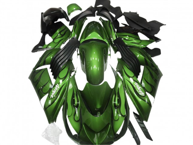 Rabatt Kawasaki ZX14R Motorrad Verkleidung 2006-2011 - Grun Schwarz Flamme