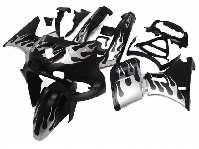 Rabatt Kawasaki ZZR600 Motorrad Verkleidung 1998-2003 - Glanzendes Schwarz Silber Flamme