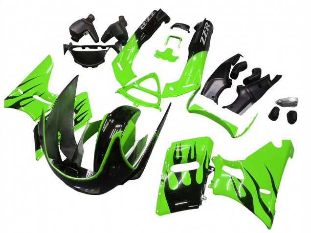Rabatt Kawasaki ZZR600 Motorrad Verkleidung 1998-2003 - Grun Glanzendes Schwarz Flamme