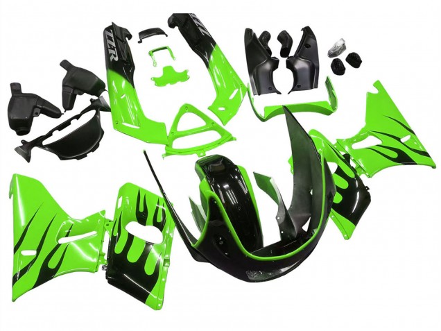 Rabatt Kawasaki ZZR600 Motorrad Verkleidung 1998-2003 - Grun Glanzendes Schwarz Flamme