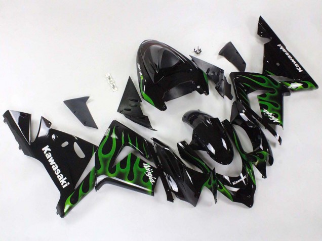 Rabatt Kawasaki ZX10R Motorrad Verkleidung 2004-2005 - Schwarz mit Gruner Flamme Ninja