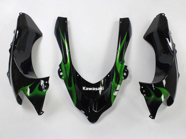 Rabatt Kawasaki ZX10R Motorrad Verkleidung 2004-2005 - Schwarz mit Gruner Flamme Ninja