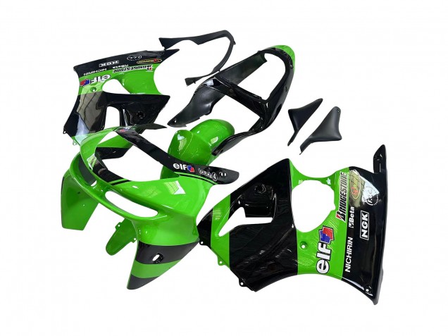 Rabatt Kawasaki ZX6R Motorrad Verkleidung 1998-1999 - Grun Glanzendes Schwarz Elf Bridgestone