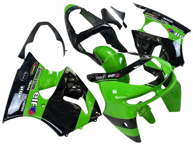 Rabatt Kawasaki ZX6R Motorrad Verkleidung 1998-1999 - Grun Glanzendes Schwarz Elf Bridgestone