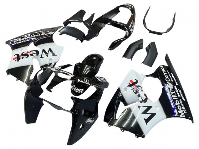 Rabatt Kawasaki ZX6R Motorrad Verkleidung 2000-2002 - Glanzendes Schwarz Weiss West Michelin