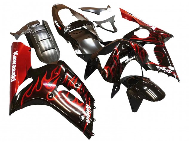 Rabatt Kawasaki ZX6R Motorrad Verkleidung 2003-2004 - Glanzendes Schwarz Rot Flamme