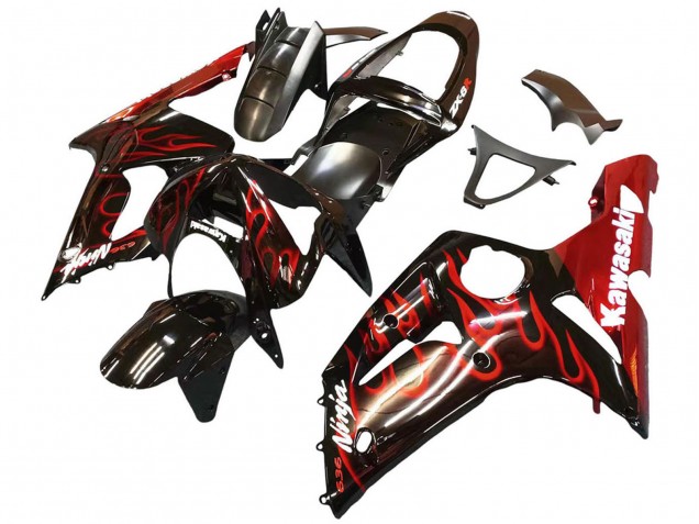 Rabatt Kawasaki ZX6R Motorrad Verkleidung 2003-2004 - Glanzendes Schwarz Rot Flamme