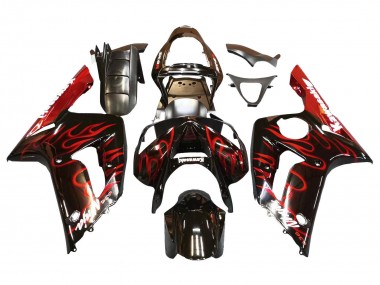 Rabatt Kawasaki ZX6R Motorrad Verkleidung 2003-2004 - Glanzendes Schwarz Rot Flamme
