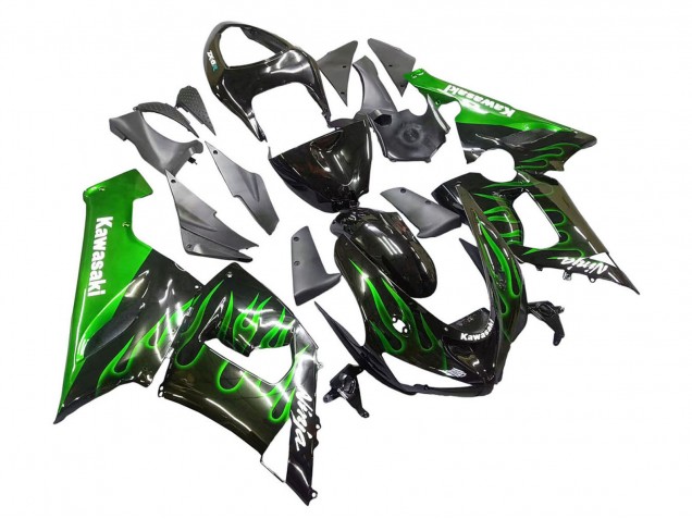 Rabatt Kawasaki ZX6R Motorrad Verkleidung 2005-2006 - Glanzendes Schwarz Grun Flamme