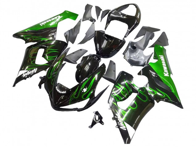 Rabatt Kawasaki ZX6R Motorrad Verkleidung 2005-2006 - Glanzendes Schwarz Grun Flamme