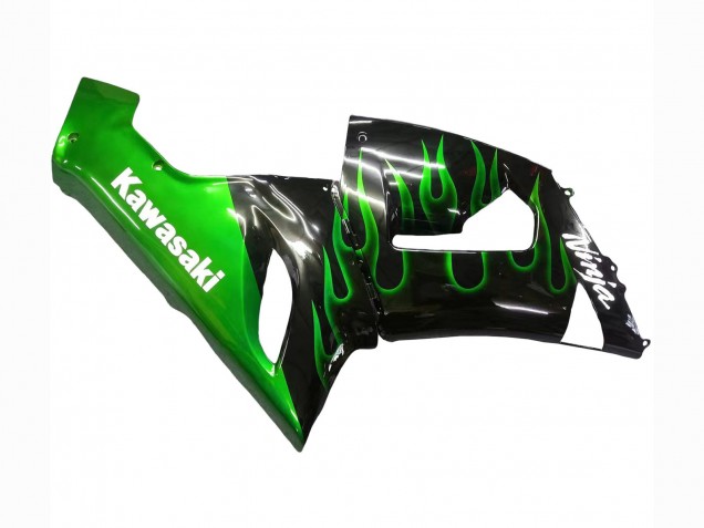 Rabatt Kawasaki ZX6R Motorrad Verkleidung 2005-2006 - Glanzendes Schwarz Grun Flamme