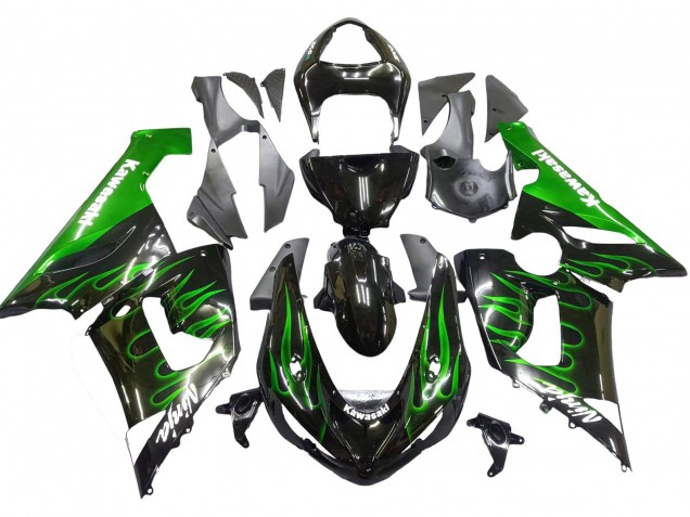 Rabatt Kawasaki ZX6R Motorrad Verkleidung 2005-2006 - Glanzendes Schwarz Grun Flamme