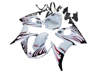 Rabatt Yamaha YZF R6S Motorrad Verkleidung 2006-2009 - Weiss mit Dunkel Schwarz Flamme