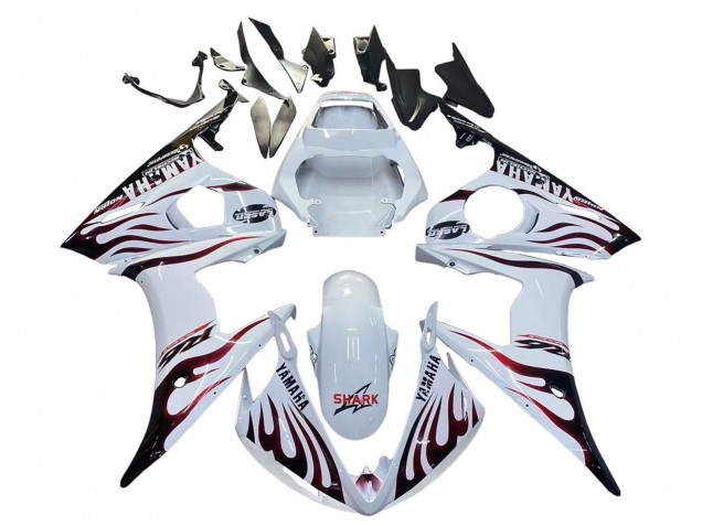 Rabatt Yamaha YZF R6S Motorrad Verkleidung 2006-2009 - Weiss mit Dunkel Schwarz Flamme
