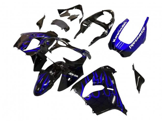 Rabatt Kawasaki ZX9R Motorrad Verkleidung 2002-2003 - Schwarz Weiss mit blauer Flamme