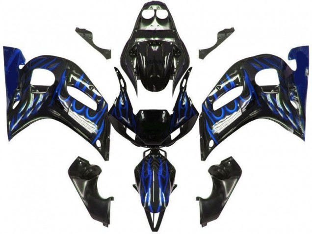 Rabatt Yamaha YZF 600 R6 Motorrad Verkleidung 1998-2002 - Glanzendes Schwarz Blau Flamme