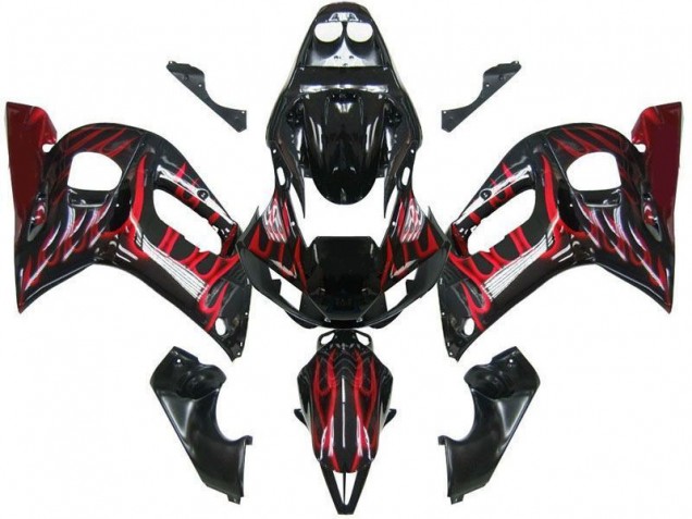 Rabatt Yamaha YZF 600 R6 Motorrad Verkleidung 1998-2002 - Glanzendes Schwarz Rot Flamme