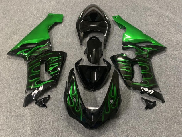 Rabatt Kawasaki ZX6R Motorrad Verkleidung 2005-2006 - Glanzendes Schwarz Grun Flamme