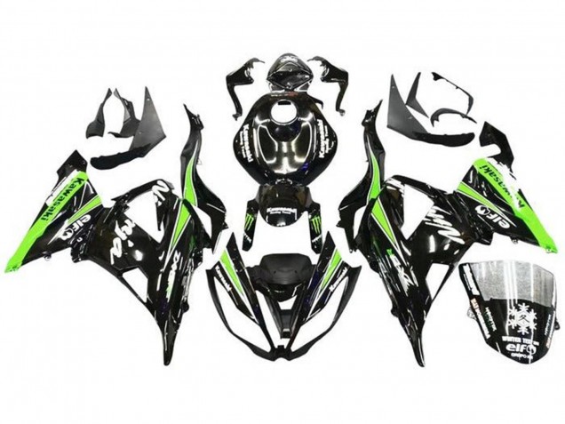 Rabatt Kawasaki ZX6R Motorrad Verkleidung 2013-2018 - Glanzendes Schwarz Grun Weiss Monster Schnee