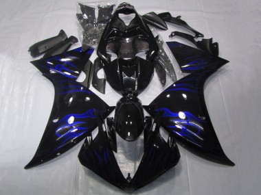 Rabatt Yamaha YZF 1000 R1 Motorrad Verkleidung 2012-2014 - Glanzendes Schwarz Blau Flamme