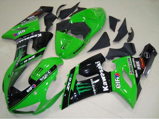 Rabatt Kawasaki ZX6R Motorrad Verkleidung 2005-2006 - Grun Glanzendes Schwarz Elf Monster