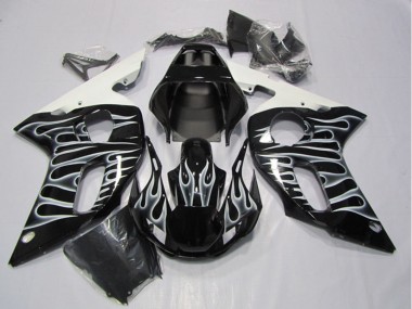 Rabatt Yamaha YZF R6 Motorrad Verkleidung 1998-2002 - Glanzendes Schwarz Weiss Flamme