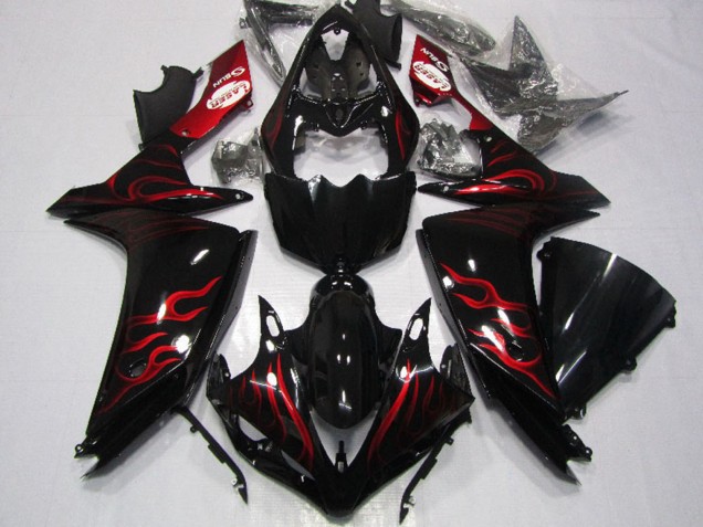 Rabatt Yamaha YZF R1 Motorrad Verkleidung 2007-2008 - Glanzendes Schwarz Rot Flamme