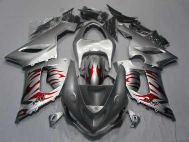 Rabatt Kawasaki ZX6R Motorrad Verkleidung 2005-2006 - Silber Rot Flamme Ninja